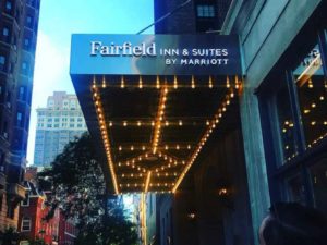 commercial lighted door canopy for the Fairfield Inn & Suites by Marriott in NYC