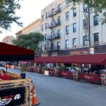Outdoor seating area of Enzos restaurant on a city street.