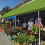 Street-side cafe pots and flags under awnings