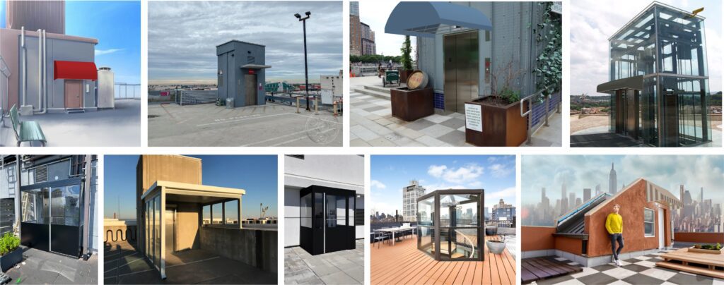 Various outdoor kiosks and small structures in different settings.