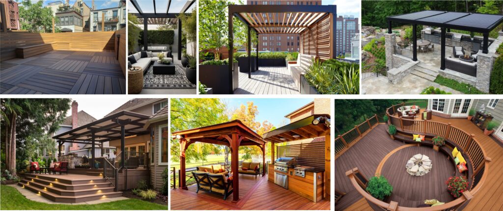 Five outdoor wooden pergola designs enhancing patios and garden spaces.