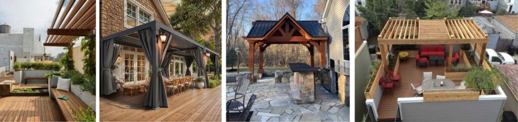 Cozy outdoor patio with wooden pergola and stone fireplace surrounded by chairs.