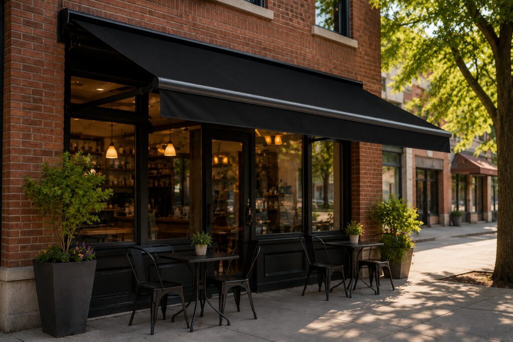 Sidewalk cafe with black awning and chairs